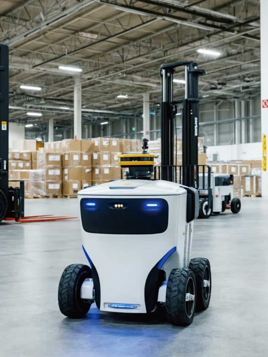 自動で荷物を運ぶ機会が倉庫の中を移動している画像